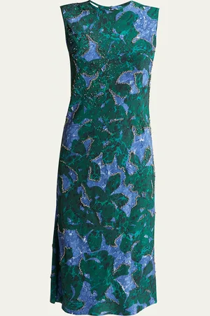 DRIES VAN NOTEN Depal Studded Midi Printed Sheath Silk Dress