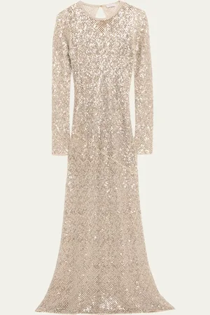 Brunello Cucinelli Paillette Net Knit Long-Sleeve Maxi Dress