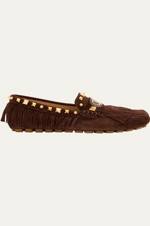 VALENTINO GARAVANI V-Logo Rockstud Suede Fringe Driver Loafers