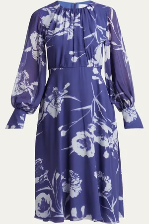 Erdem Gathered Floral Long Sleeve Silk Midi Dress