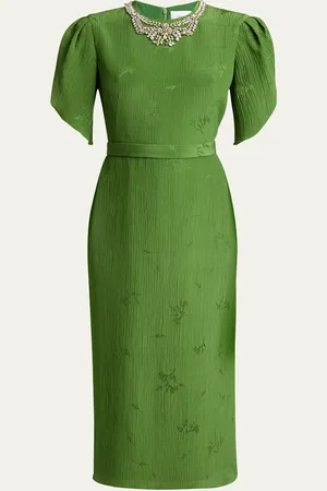 Erdem Crystal Necklace Floral Embroidered Short Sleeve Cocktail Dress