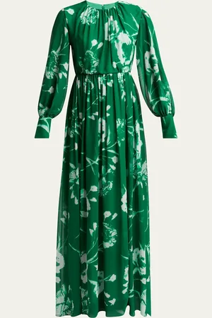 Erdem Gathered Floral Long Sleeve Silk Gown