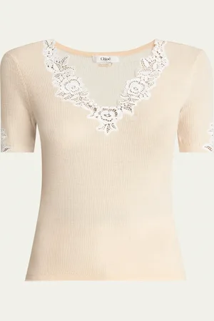 Chloé Floral Guipure Lace V-Neck Fitted Top