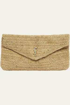 Saint Laurent Large YSL Envelope Pouch Clutch Bag in Raffia & Leather