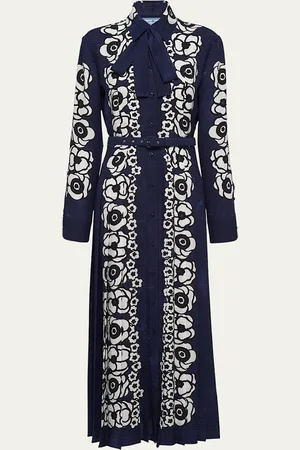 Prada Floral-Print Pleated Crepe De Chine Belted Dress