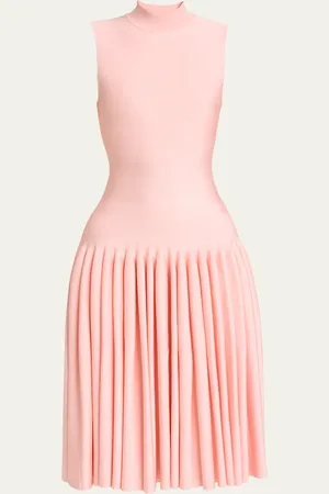 Alaïa High-Neck Pleated Knit Midi Dress