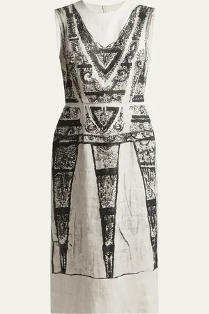 Erdem Printed Sleeveless Midi Pencil Linen Dress