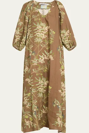 Bernadette Puff-Sleeve Printed Linen Maxi Dress