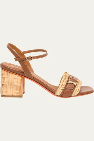santoni Vela Buckle Leather Raffia Block-Heel Sandals