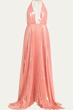 ALICE+OLIVIA Adalyn Pleated Metallic Halter Maxi Dress