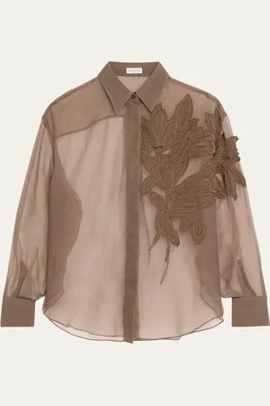 Brunello Cucinelli Laser Cut Crispy Silk Chiffon Blouse