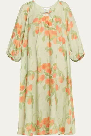 Bernadette Peach Print Puff-Sleeve Linen Dress