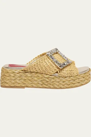 Roger Vivier Strass-Buckle Raffia Platform Sandals