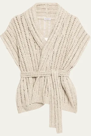 Brunello Cucinelli Openwork Pailette Rib Long Wrap Cardigan