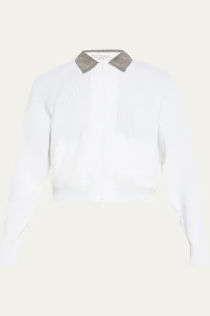 Brunello Cucinelli Monili-Collar Zip Cotton Rib Cardigan