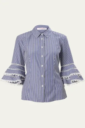 Carolina Herrera Stripe Tiered Ruffle Sleeve Button Down Top