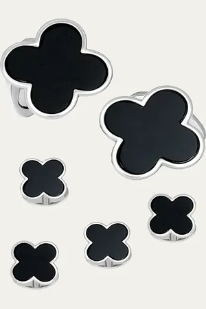Jan Leslie Classic Clover Onyx Cufflinks Studs Set