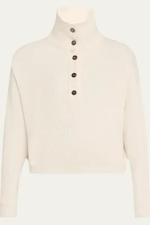 Brunello Cucinelli Bright Vanise Sparkling Cotton Polo Sweater