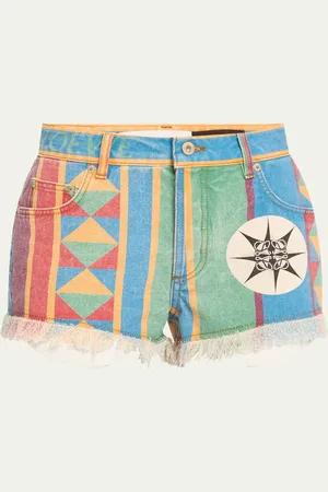 Loewe Geo Print Denim Frayed Peekaboo Shorts