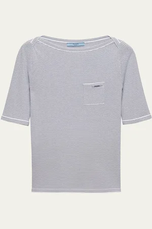 Prada Striped High-Neck Elbow-Sleeve Sweater