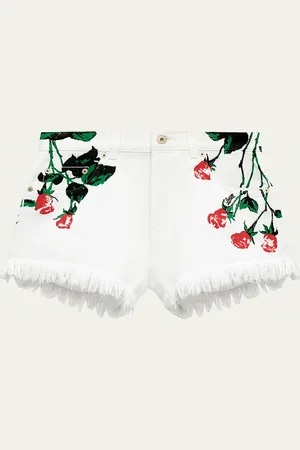 Loewe Flower-Print Fringed Peekaboo Denim Shorts