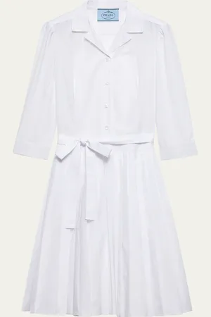Prada Pleated Popeline Neck-Tie Shirtdress