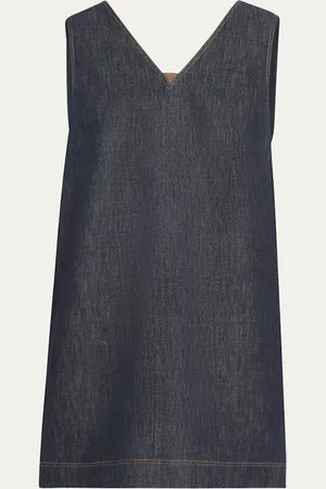 Brunello Cucinelli Short V-Neck Denim Tank Dress with Monili Insert