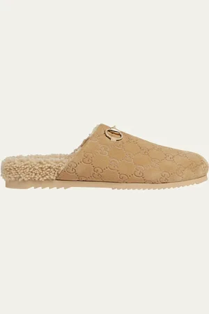Gucci Horsebit GG Suede Shearling Mules