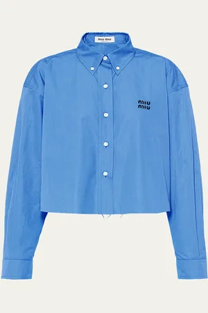 Miu Miu Logo-Print Crop Frayed Button Shirt