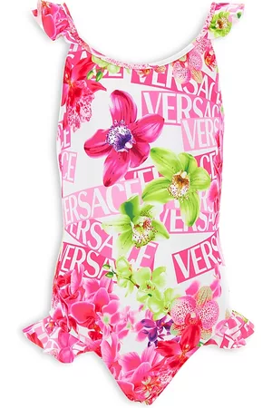 VERSACE Girls' Orchid & Logo Print Swimsuit - Little Kid, Big Kid
