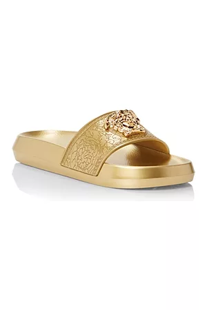 VERSACE Women Slide Sandals - Women's Embellished Logo Slide Sandals