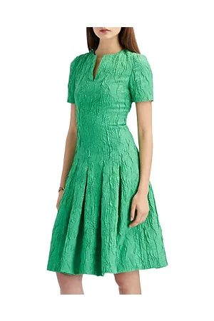 Green Short Sleeve Pleated Lace Dress | SilkFred