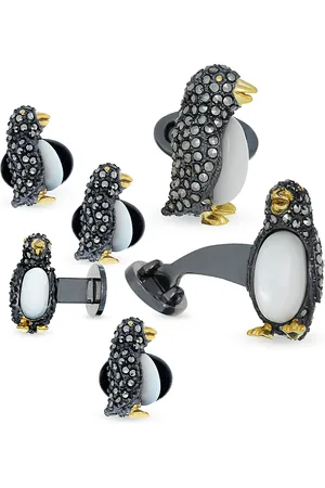 Jan Leslie Penguin Sterling Silver, Mother Of Pearl & Marcasite Stud & Cufflink Set