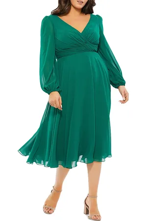 Mac Duggal Plus Pleated Bell Sleeve Chiffon Gown