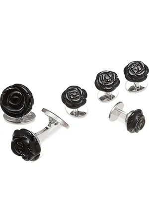 Jan Leslie Carved Rose Sterling Silver & Onyx Stud & Cufflink Set