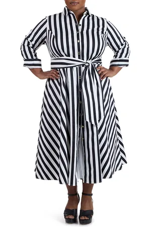 PARI PASSU Plus Size Poplin Awning Stripe Shirtdress