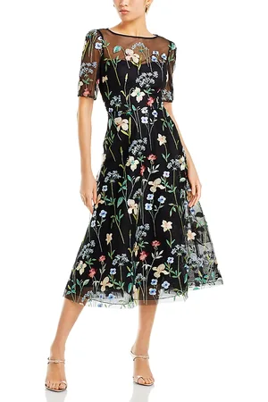Teri Jon by Rickie Freeman Floral Embroidered Tulle Midi Dress