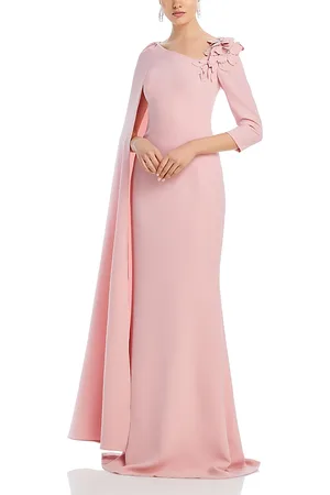 Teri Jon by Rickie Freeman Floral Applique Asymmetric Cape Gown