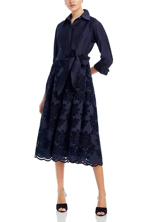 Teri Jon by Rickie Freeman Floral Eyelet Collared Midi Dress
