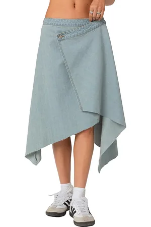 Edikted Asymmetric Wrapped Denim Midi Skirt