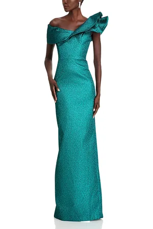 Teri Jon by Rickie Freeman Metallic Jacquard Asymmetrical Ruffle Gown