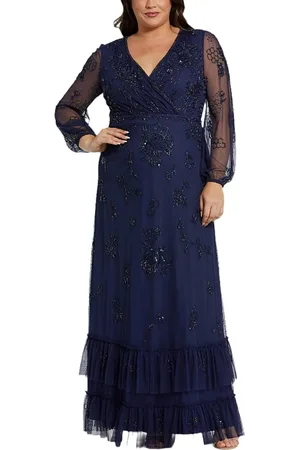 Mac Duggal Plus Puff Sleeve V-Neck Tiered Embellished Gown