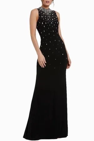 Mac Duggal High Neck Sleeveless Beaded Jersey Fitted Gown