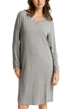 Hanro Natural Elegance Long Sleeve Lace Trim Nightgown