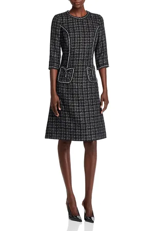 Teri Jon by Rickie Freeman Metallic Plaid Boucle Chain Trim Dress