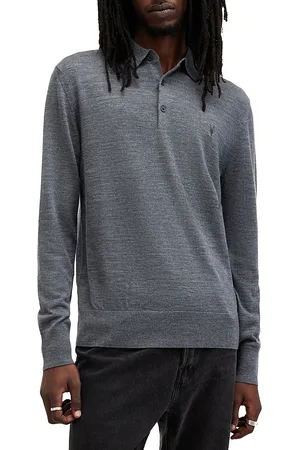 AllSaints Mode Regular Fit Merino Wool Long Sleeve Polo Sweater