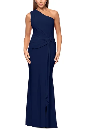 Aqua Long One Shoulder Ruched Dress