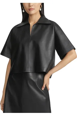 Lafayette 148 New York Leather Split Neck Popover Top