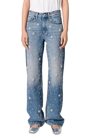 Maje Embellished High Rise Wide Leg Jeans in