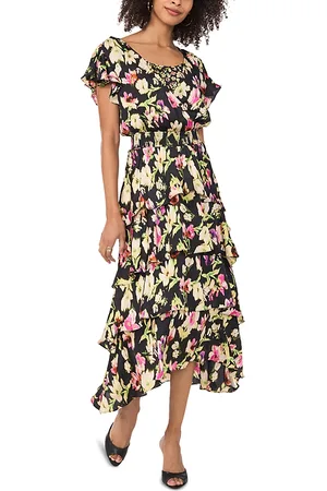Vince Camuto Floral Crossover Neck Flutter Sleeve Dress